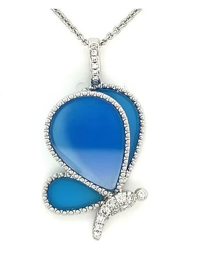 Blue Agate Wings & Diamonds Butterfly Fantasy 18K White Gold Pendant Necklace