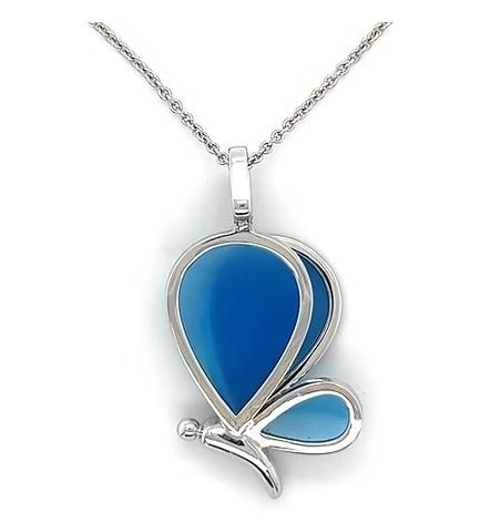 blue agate wings & diamonds butterfly fantasy 18k white gold pendant necklace