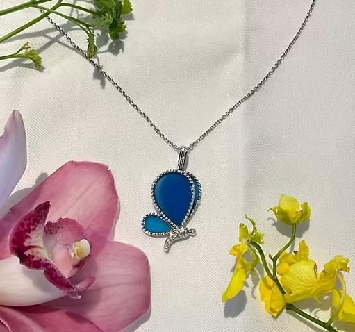 blue agate wings & diamonds butterfly fantasy 18k white gold pendant necklace