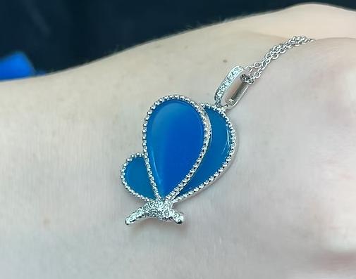 Blue Agate Wings & Diamonds Butterfly Fantasy 18K White Gold Pendant Necklace