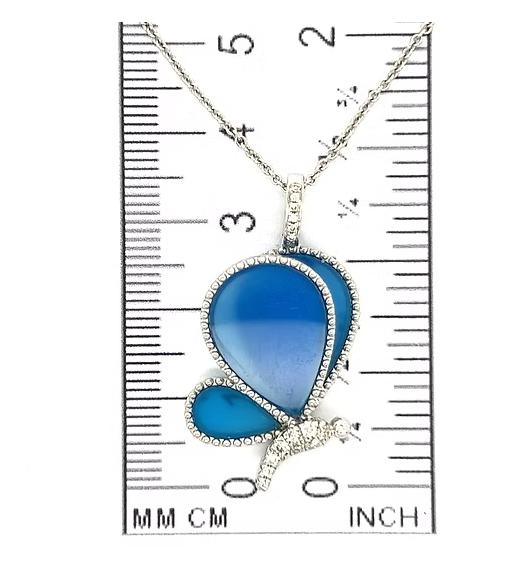 Blue Agate Wings & Diamonds Butterfly Fantasy 18K White Gold Pendant Necklace