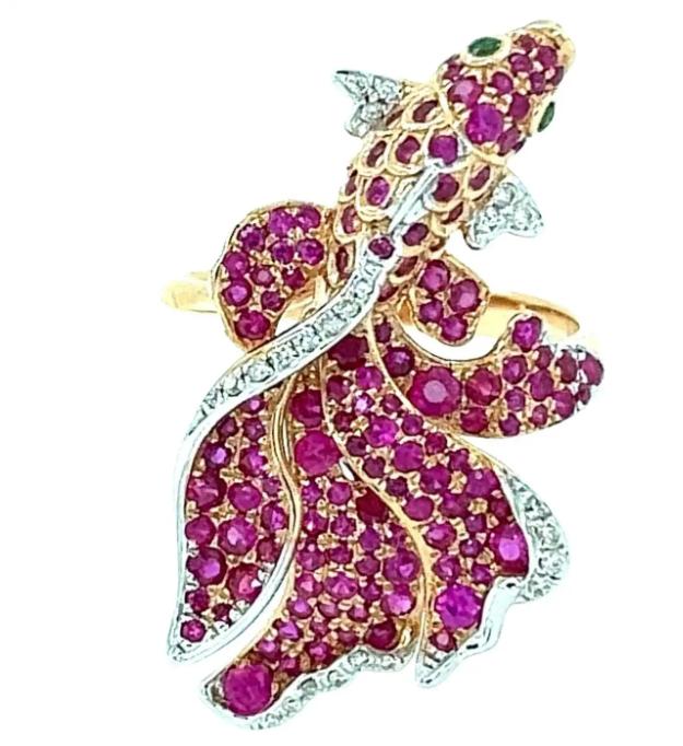 Sea Koi Fish Ruby & Diamond Pave & Green 18K Rose Gold Animal Ring