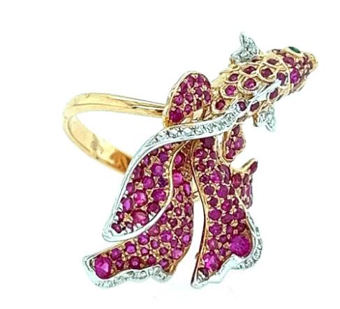 sea koi fish ruby & diamond pave & green 18k rose gold animal ring
