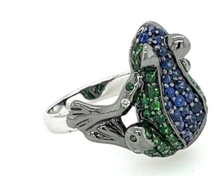 frog blue sapphire & diamond pave & green garnet 18k black gold animal ring
