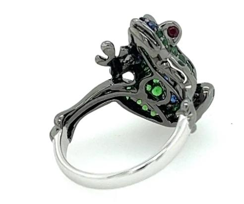 frog blue sapphire & diamond pave & green garnet 18k black gold animal ring