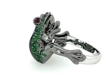 Frog Blue Sapphire & Diamond Pave & Green Garnet 18K Black Gold Animal Ring