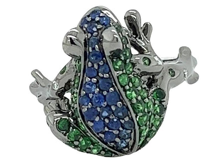 Frog Blue Sapphire & Diamond Pave & Green Garnet 18K Black Gold Animal Ring