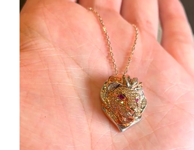 lion brown & white diamond ruby 18k rose gold pendant necklace