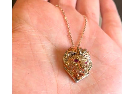 Lion Brown & White Diamond Ruby 18K Rose Gold Pendant Necklace