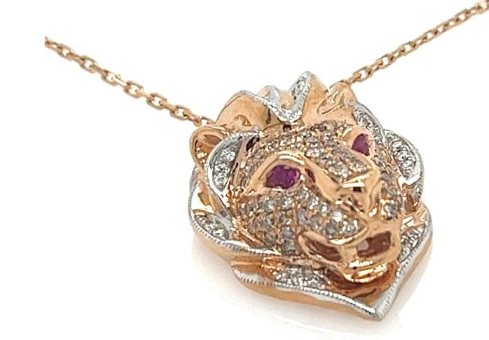 lion brown & white diamond ruby 18k rose gold pendant necklace