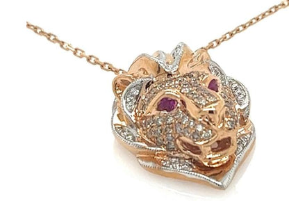 Lion Brown & White Diamond Ruby 18K Rose Gold Pendant Necklace