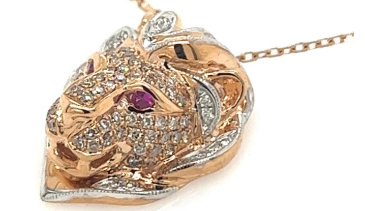 lion brown & white diamond ruby 18k rose gold pendant necklace