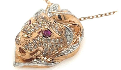 Lion Brown & White Diamond Ruby 18K Rose Gold Pendant Necklace
