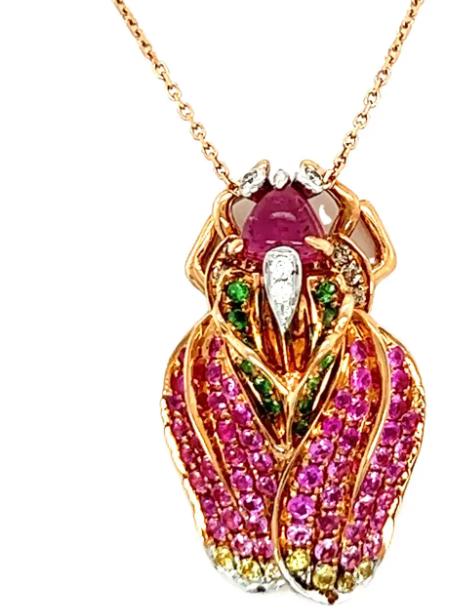 bug pink tourmaline diamond sapphire & garnet 18k rose gold pendant necklace