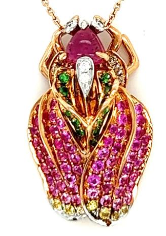 bug pink tourmaline diamond sapphire & garnet 18k rose gold pendant necklace