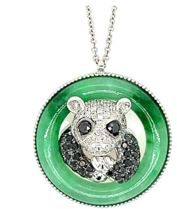 Panda Bear Jade Black & White Diamond 18K White Gold Pendant Necklace