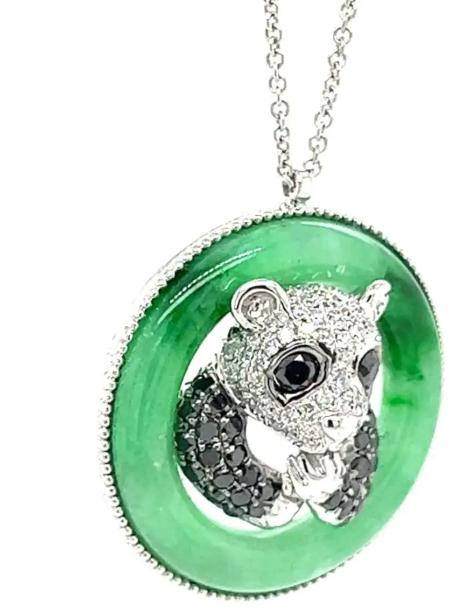 Panda Bear Jade Black &amp; White Diamond 18K White Gold Pendant Necklace
