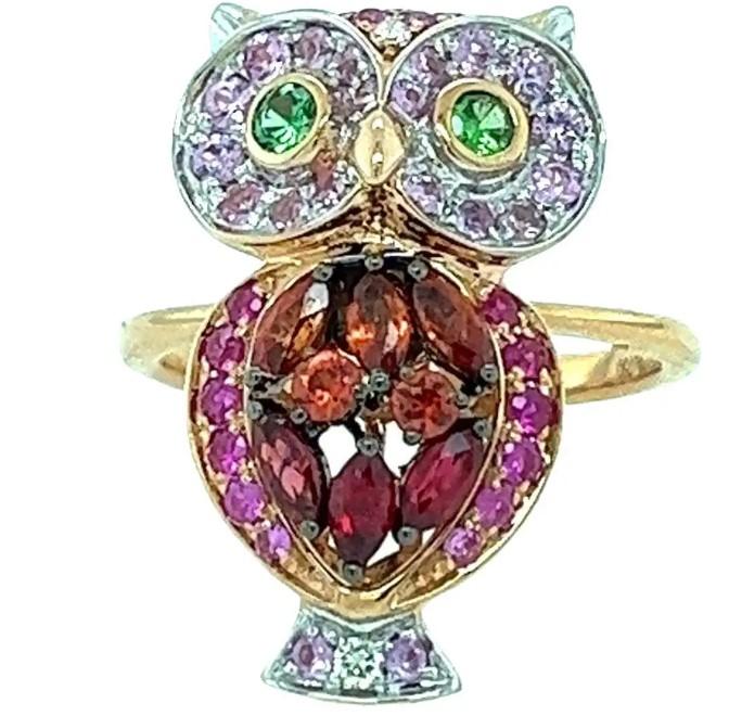Owl Bird Orange Sapphire Pink Sapphire Ruby & Diamond 18K Rose Gold Ring