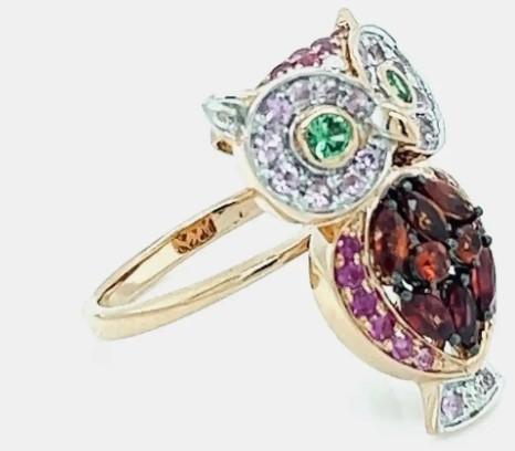 Owl Bird Orange Sapphire Pink Sapphire Ruby & Diamond 18K Rose Gold Ring