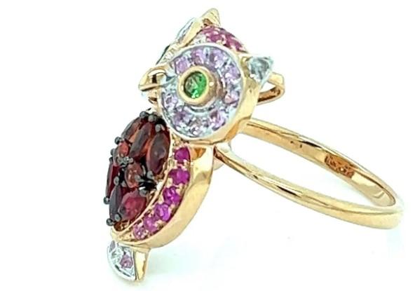 Owl Bird Orange Sapphire Pink Sapphire Ruby & Diamond 18K Rose Gold Ring