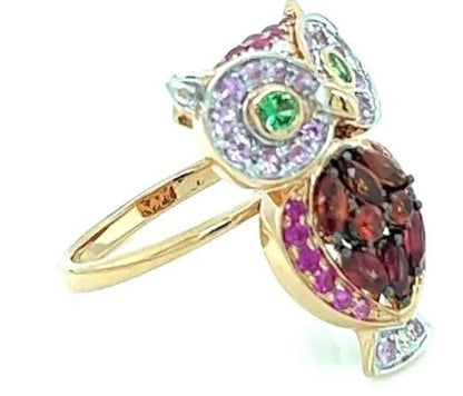 Owl Bird Orange Sapphire Pink Sapphire Ruby & Diamond 18K Rose Gold Ring