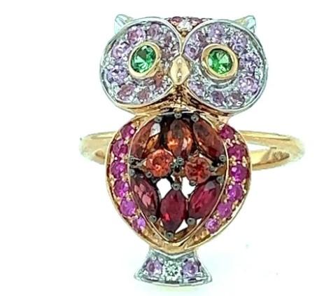 Owl Bird Orange Sapphire Pink Sapphire Ruby & Diamond 18K Rose Gold Ring