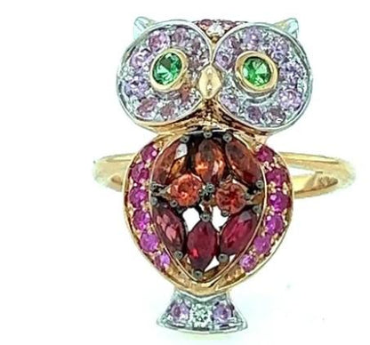 Owl Bird Orange Sapphire Pink Sapphire Ruby & Diamond 18K Rose Gold Ring