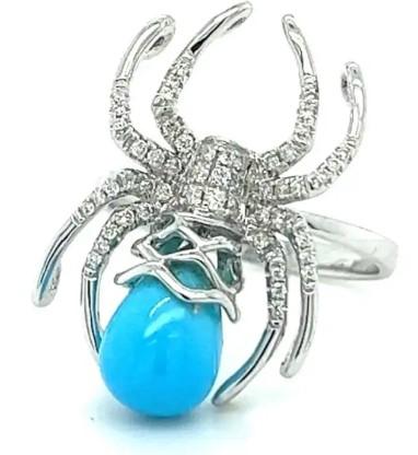 Turquoise White Diamond 18K White Gold Spider Insect Animal Ring
