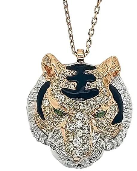 tiger fancy diamond onyx & ruby 18k rose & white gold pendant necklace
