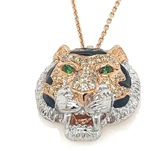 Tiger Fancy Diamond Onyx & Ruby 18K Rose & White Gold Pendant Necklace