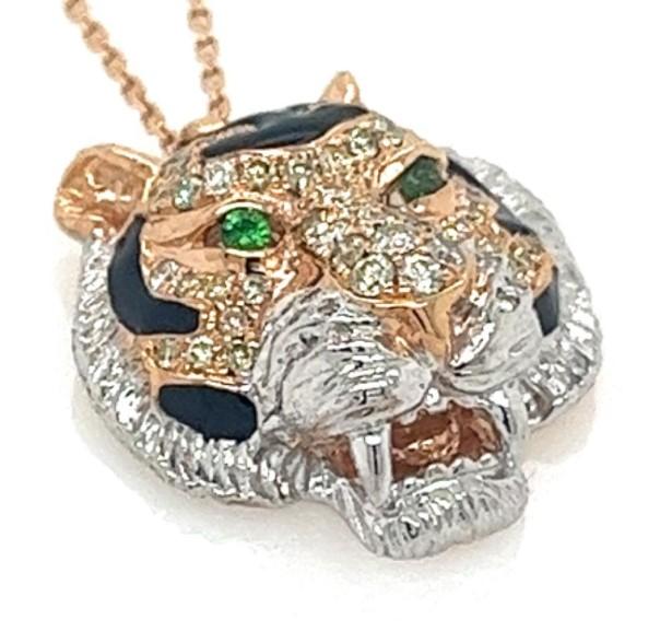 Tiger Fancy Diamond Onyx & Ruby 18K Rose & White Gold Pendant Necklace