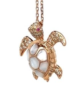 turtle fancy diamond & ruby & white pearl 18k yellow gold pendant necklace