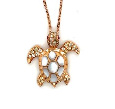 turtle fancy diamond & ruby & white pearl 18k yellow gold pendant necklace