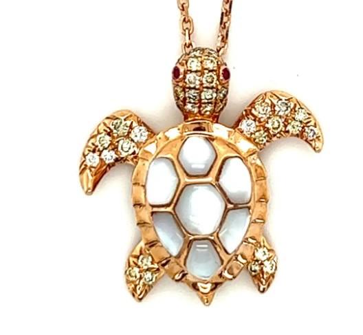 Turtle Fancy Diamond & Ruby & White Pearl 18K Yellow Gold Pendant Necklace
