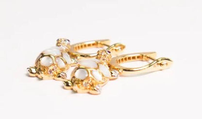 Turtles Fancy Diamond & Red Ruby & White Pearl 18K Yellow Gold Animal Earrings