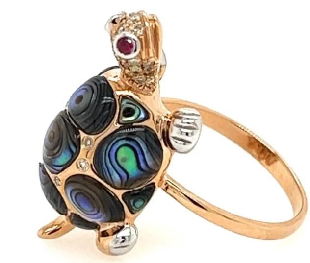 Abalone Shell Fancy Diamond Ruby & White Diamond 18K Rose Gold Turtle Ring