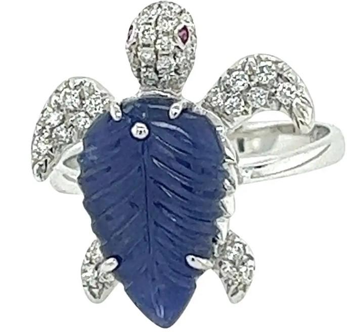 Turtle Blue Sapphire & White Diamond & Ruby 18K White Gold Animal Ring