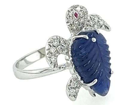 Turtle Blue Sapphire & White Diamond & Ruby 18K White Gold Animal Ring