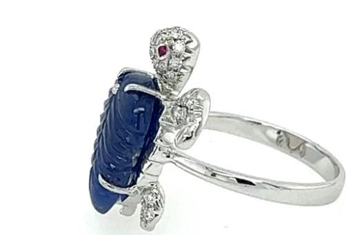 Turtle Blue Sapphire & White Diamond & Ruby 18K White Gold Animal Ring