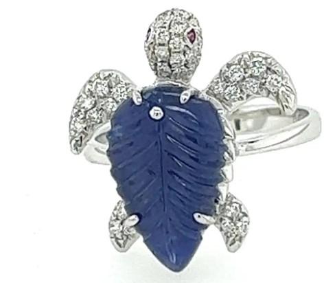Turtle Blue Sapphire & White Diamond & Ruby 18K White Gold Animal Ring