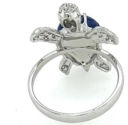 Turtle Blue Sapphire & White Diamond & Ruby 18K White Gold Animal Ring