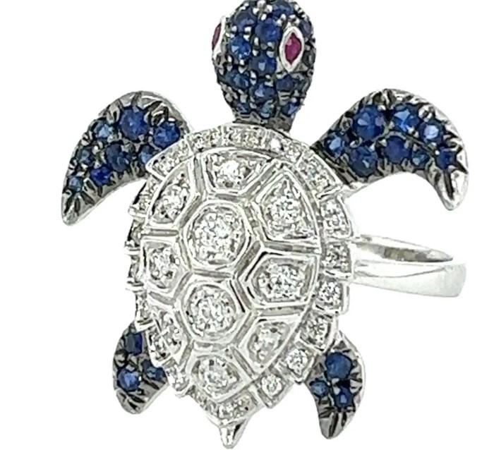 Turtle Blue Sapphire White Diamond & Ruby 18K White Gold Animal Ring