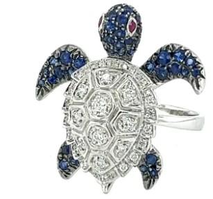 Turtle Blue Sapphire White Diamond & Ruby 18K White Gold Animal Ring