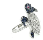 Turtle Blue Sapphire White Diamond & Ruby 18K White Gold Animal Ring