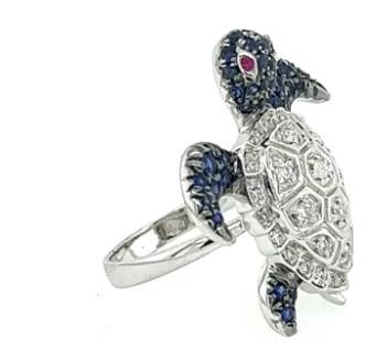 Turtle Blue Sapphire White Diamond & Ruby 18K White Gold Animal Ring