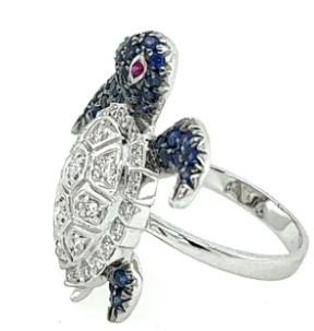 Turtle Blue Sapphire White Diamond & Ruby 18K White Gold Animal Ring