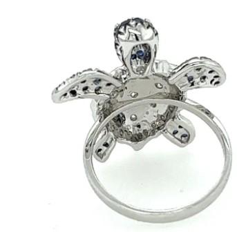 Turtle Blue Sapphire White Diamond & Ruby 18K White Gold Animal Ring