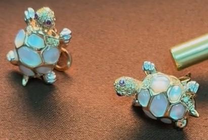 Turtles Fancy Diamond Red Ruby & White Pearl 18K Yellow Gold Animal Earrings