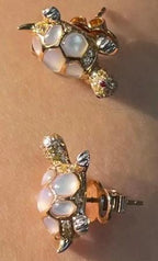 Turtles Fancy Diamond Red Ruby & White Pearl 18K Yellow Gold Animal Earrings