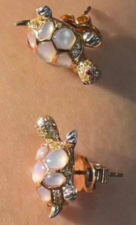turtles fancy diamond red ruby & white pearl 18k yellow gold animal earrings